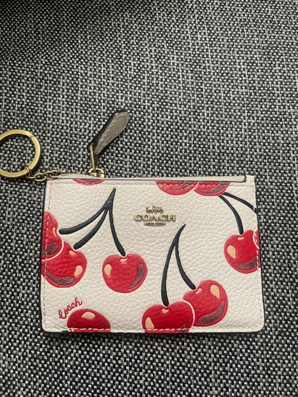 Coach White and Red Cherry Leather Card Case with Keyring
